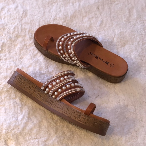 Nature Breeze Tan Pearl Rhinestone Flatform Sandal - Picture 5 of 5